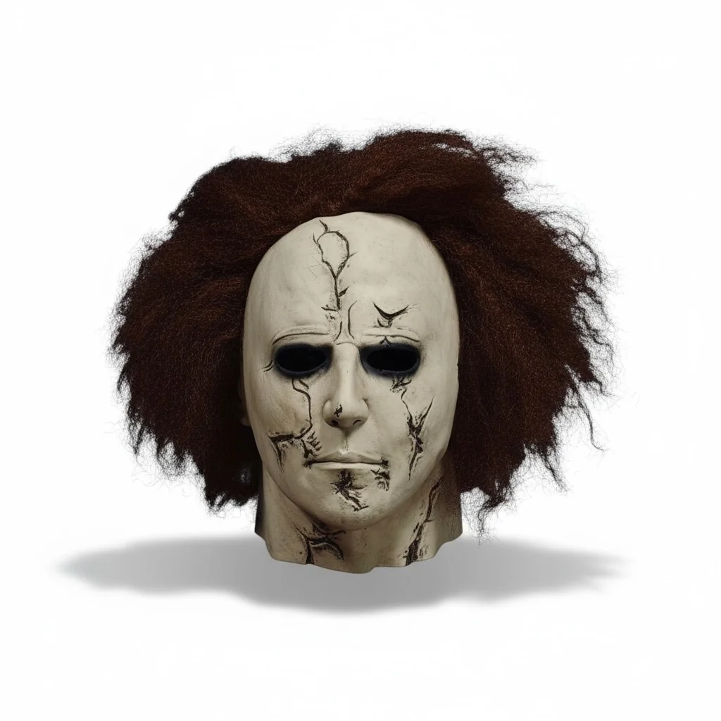 Máscara de rostro agrietado y cabello marrón